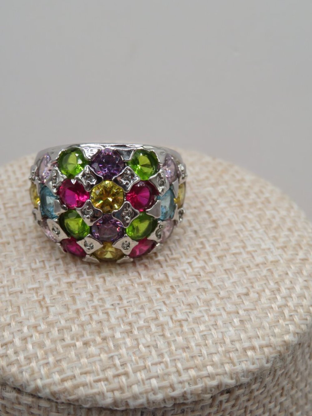 Multi Color Rhinestone Silver Tone Dome Cocktail Ring Sz 10 - Picture 4 of 12